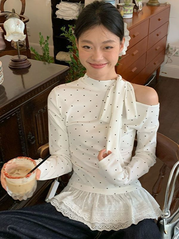 纯欲风白色波点绑带露肩打底衫女修身花边设计感内搭长袖T恤上衣|undefined