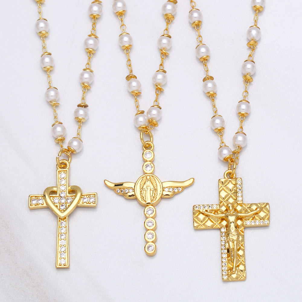 New Personality Virgin Jesus Cross Necklace Feminine Pearl Copper Clavicle Chain display picture 2
