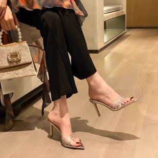 Pointed Open Toe Transparent Rhinestone Patent Leather Nude Slippers Women's Summer Sexy Outer Wear Crystal Stiletto Heel Pumps