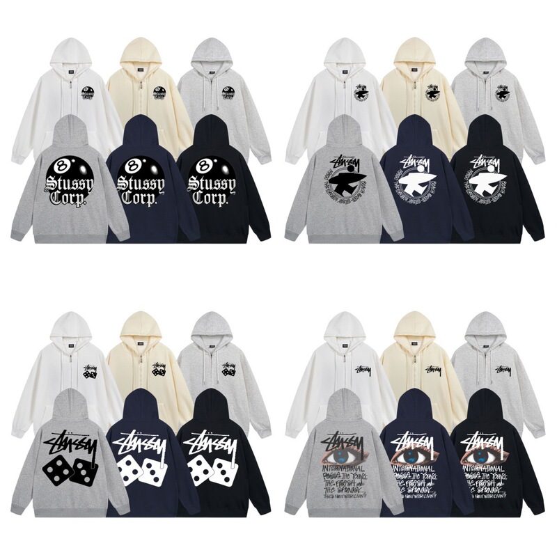ヨーロッパとアメリカの Stussy スチューシー レタープリント ブラック 8 ジッパー プラス ベルベット フード付き秋冬スウェットシャツ メンズ レディース ジャケット|undefined