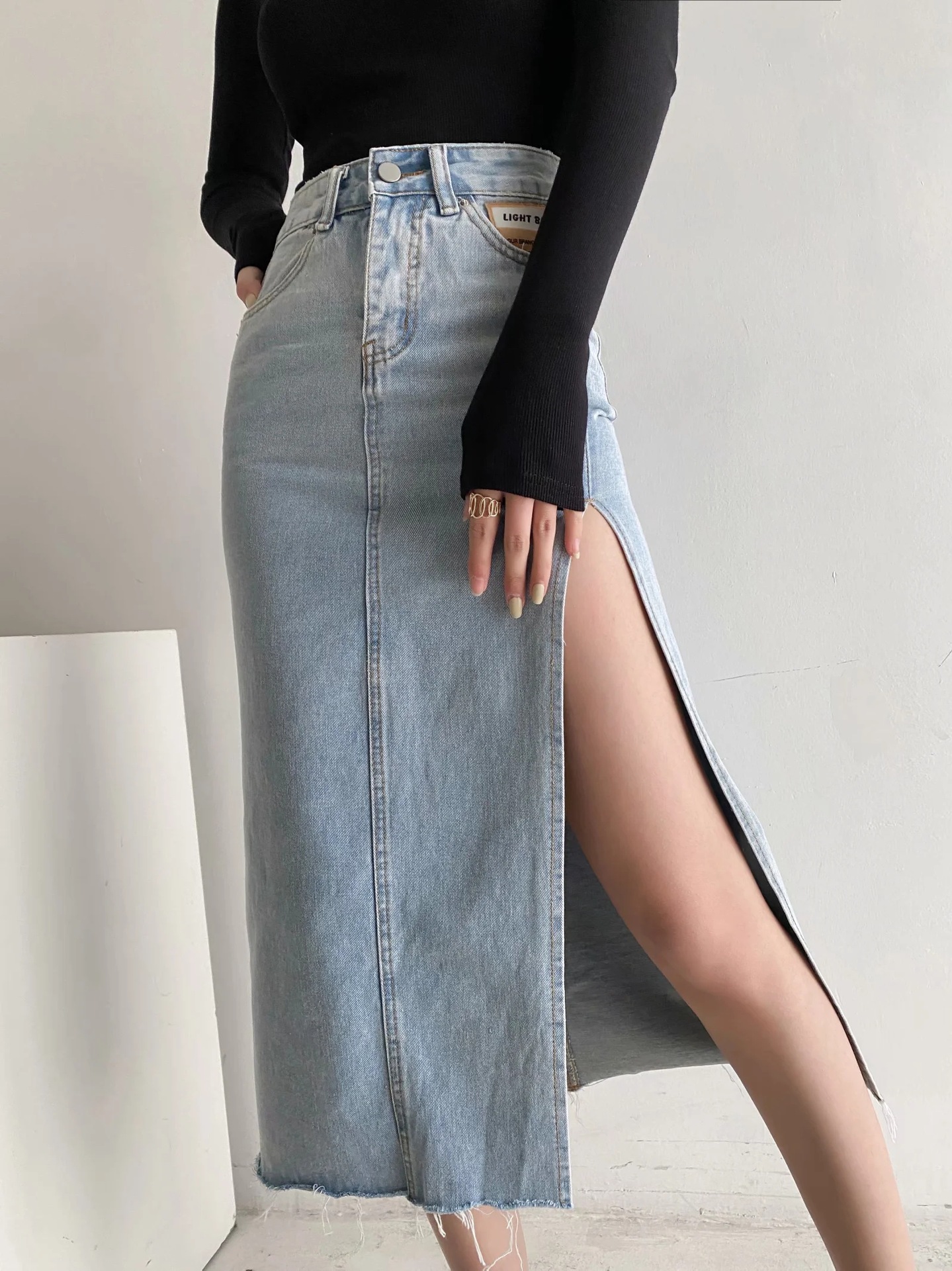 High waist side slit denim long skirt NSAC49481