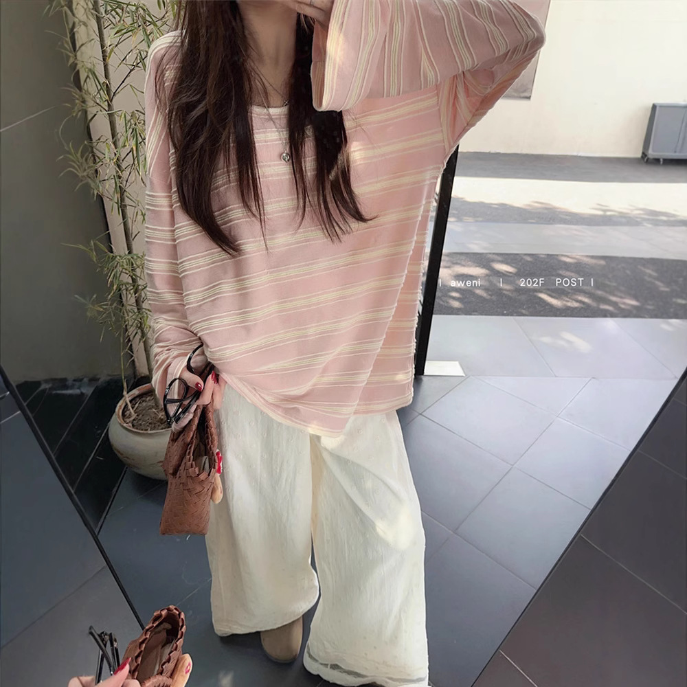Gentle Style Color Stripe Shoulder Long-sleeved Crewneck T-shirt Women's 2025 Spring New Loose Slim-fit Sunscreen Blouse