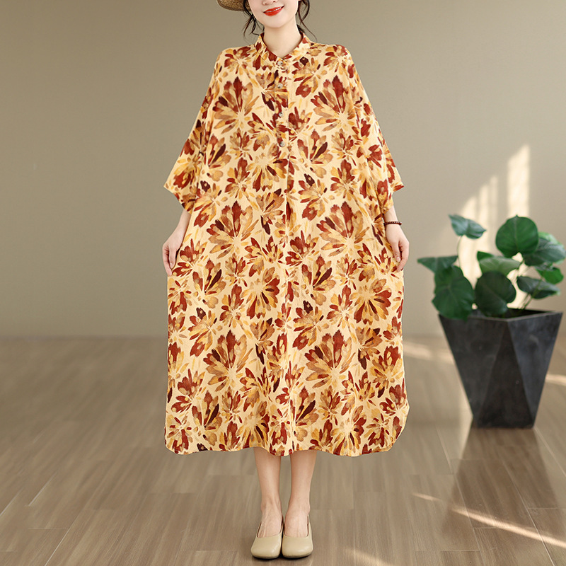 2026 Summer New Style Artistic Retro Cotton and Linen Printed Dress with Stand Collar, Loose Oversized Holiday-Style Robe 2026 Summer New Style Artistic Retro Cotton and Linen Printed Dress with Stand Collar, Loose Oversized Holiday-Style Robe
