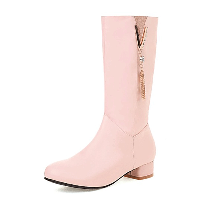 Ботинки большого размера небольшого размера. Кожаные ботинки для девочек. Сладкие ботинки до середины икры с круглым носком на низком каблуке. Обувь для родителей и детей 8–70 лет.