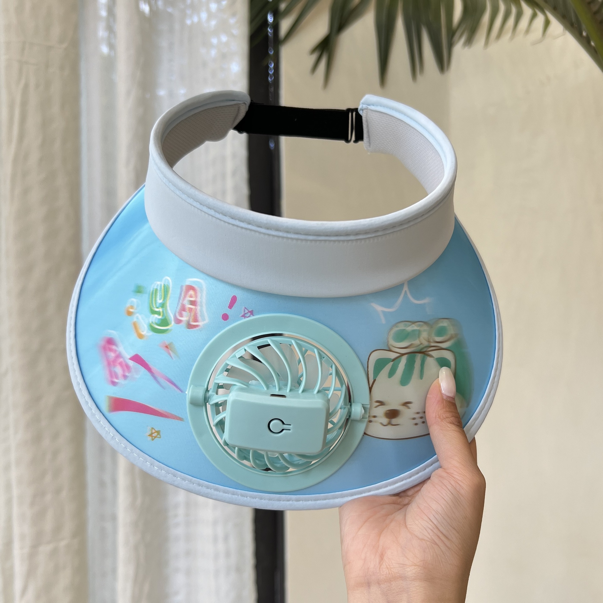 Sonnenhut mit USB-Ventilator für Kinder, wiederaufladbar, Kühlkappe mit breiter Krempe, LSF 50+, Cartoon-Design, verstellbar, für Spiele im Freien, leicht, atmungsaktiv_voghion.com