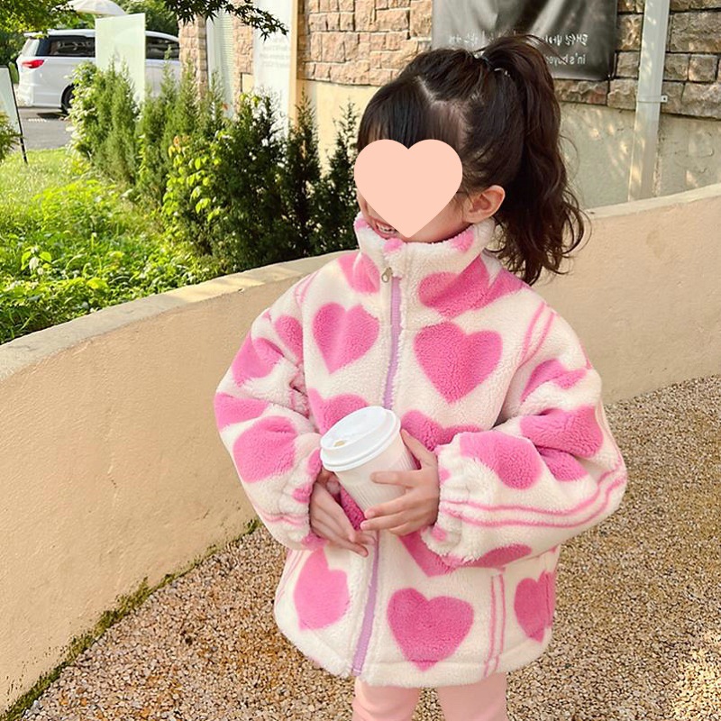女童外套羊羔绒超厚加绒爱心大衣上衣25冬装新款外贸童装代发