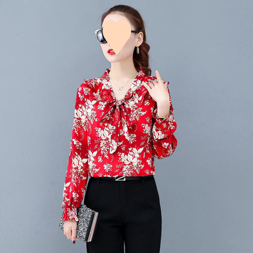 2025 chiffon blouse new high-end floral chiffon women's Korean version stylish women's long-sleeved tunic top