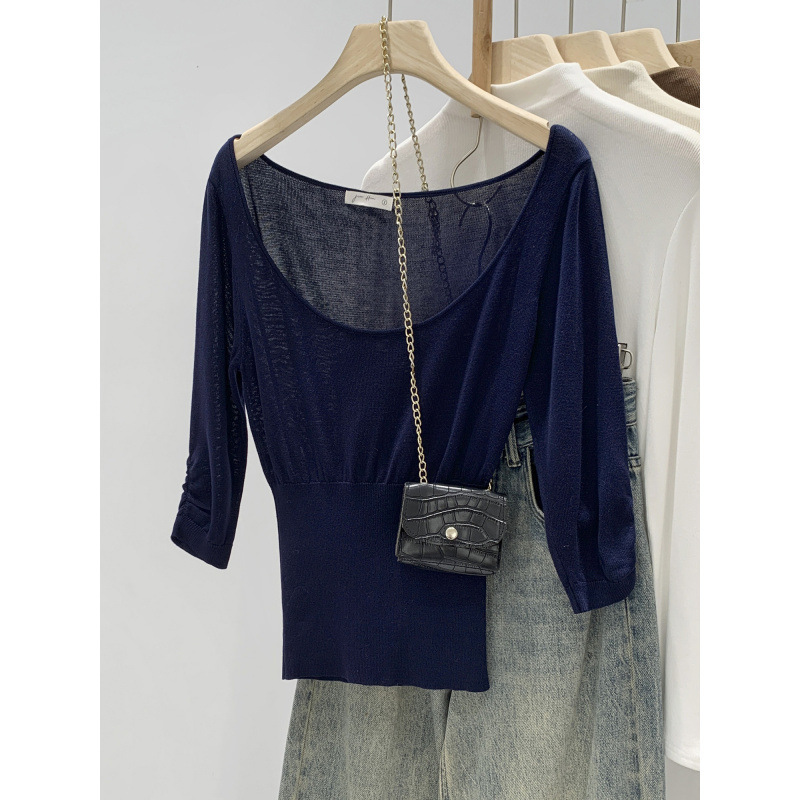 Real Shot of Early Spring Lyocell Tencel Waist-Cinching Base Layer Top with Five-Quarter Sleeves, Knitted Sweater, Early Spring 2026 New Model for Women