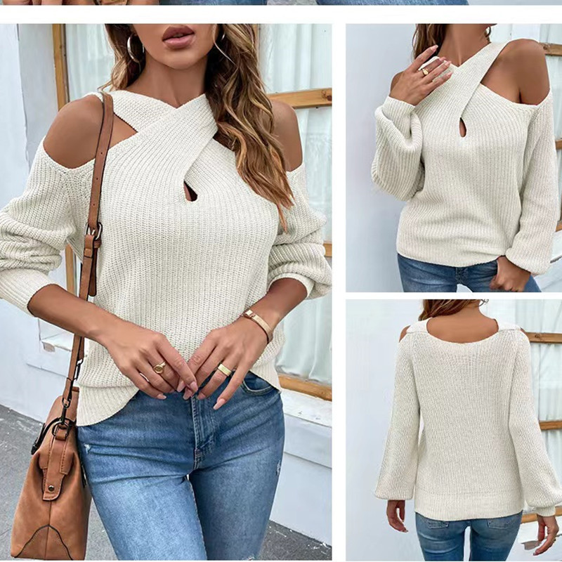 Women's new solid color off-the-shoulder cross backless collar lantern sleeve women's sweater_voghion.com