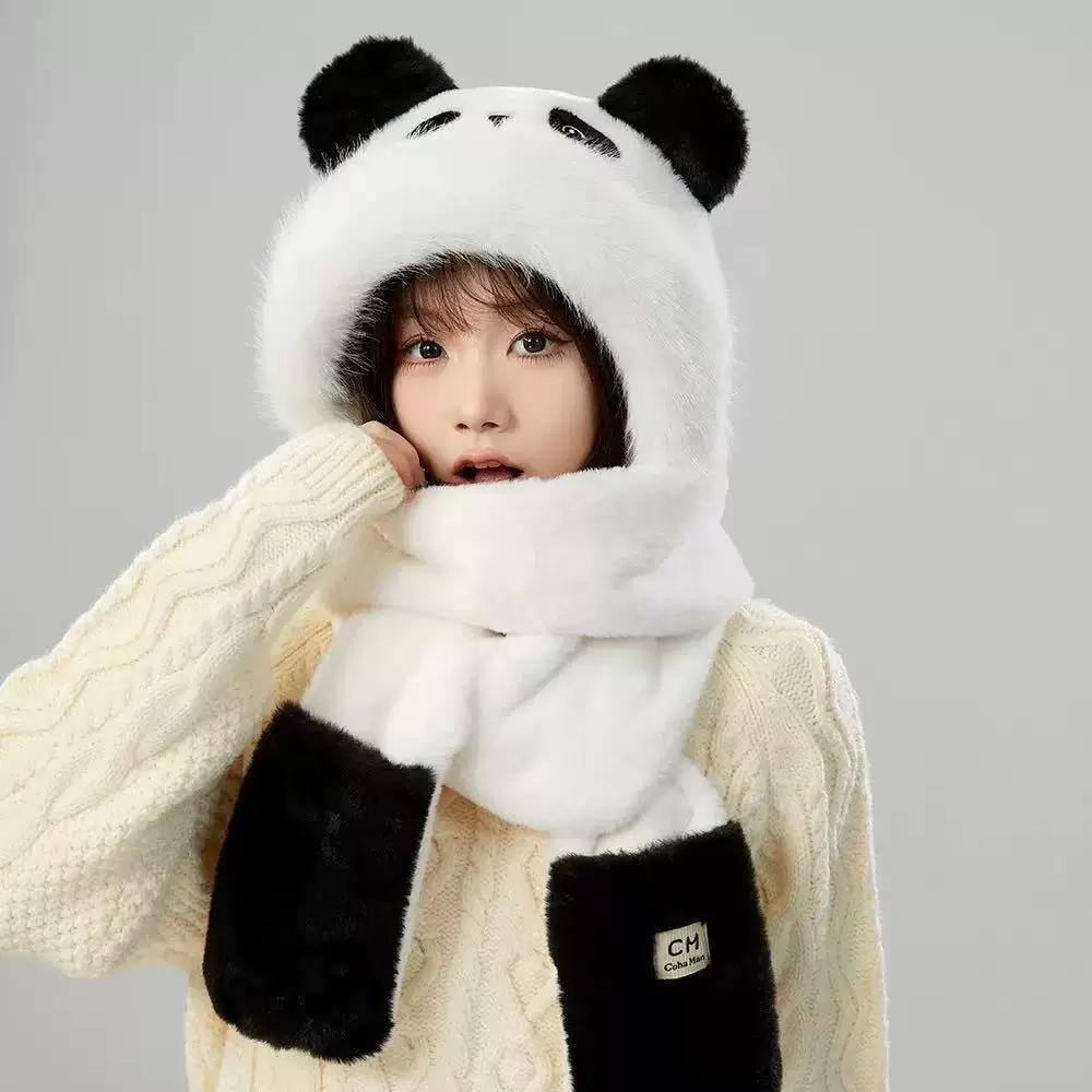 新秋冬帽子女围巾手套一体毛绒百搭熊猫三件套双层加厚护耳保暖帽