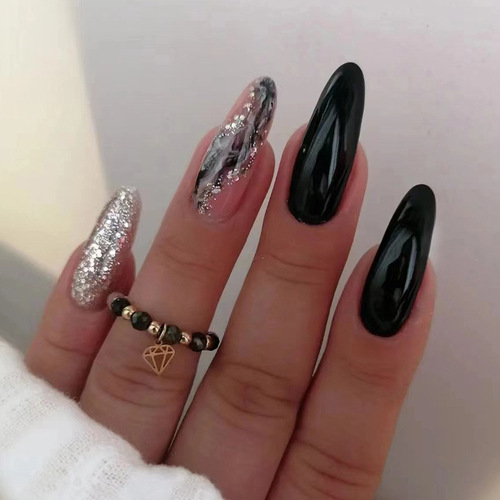 Flashing solid color galaxy manicure, sweet and cool hot girl European and American ins style almond nails, black fake nails, round head nails