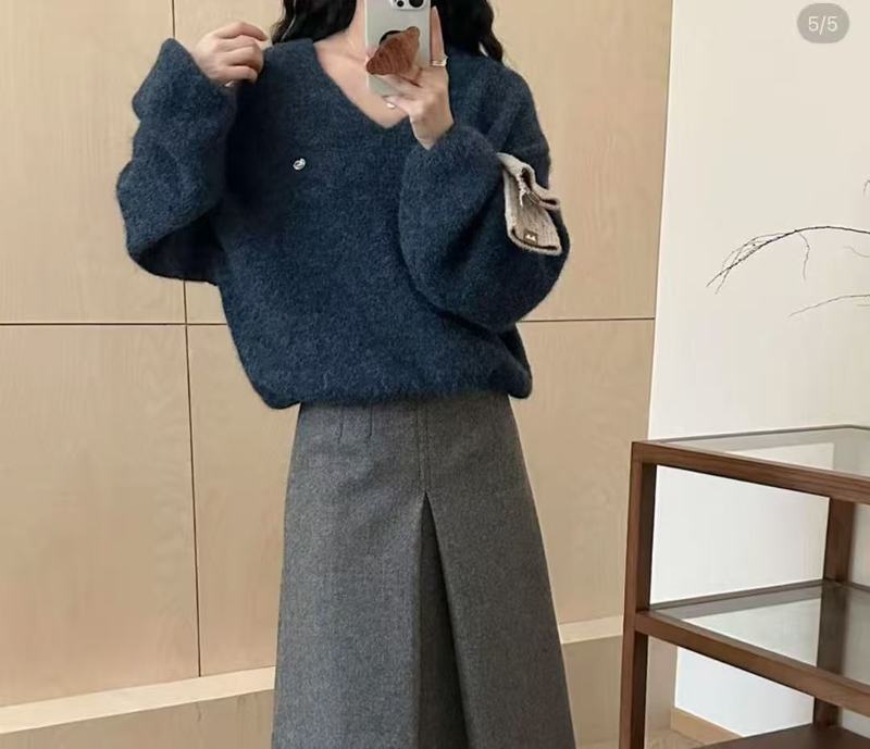 YS日韩休闲秋冬慵懒风宽松羊毛v领灯笼袖针织衫百搭简约套头毛衣|undefined