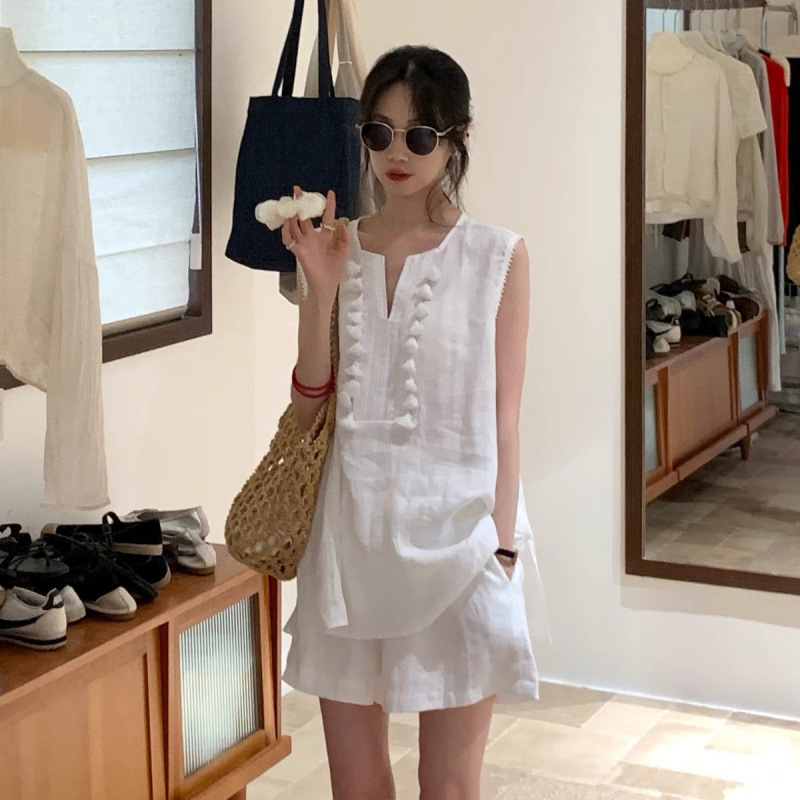 BRIVN 韓国ネイビーブルーリネン高級ノースリーブスーツ女性用 2025 夏新リラックスレイジーツーピーススーツ|undefined