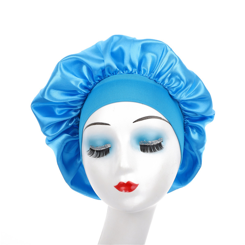 Amazon damas de borde ancho de alto elástico sombrero, sombrero de dormir, sombrero de baño, sombrero de quimioterapia, sombrero de seda, sombrero de cuidado del cabello transfronterizo
