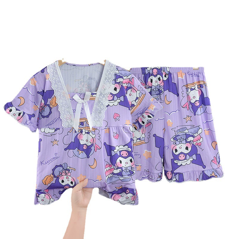 Children's summer cartoon thin pijama, set girl's, with short sleeve, for teenagers