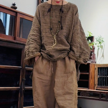 SN278亚麻复古中长大版前短后长套头衫