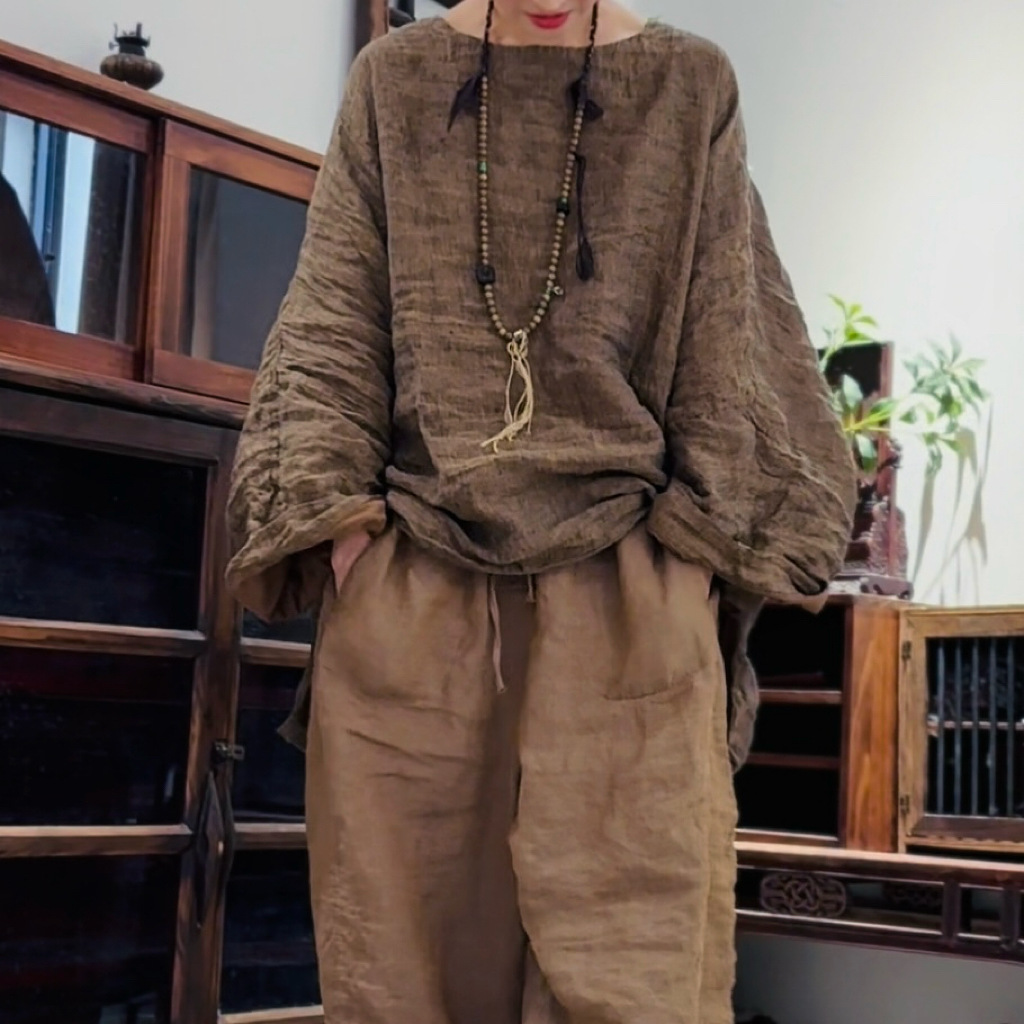 SN278亚麻复古中长大版前短后长套头衫