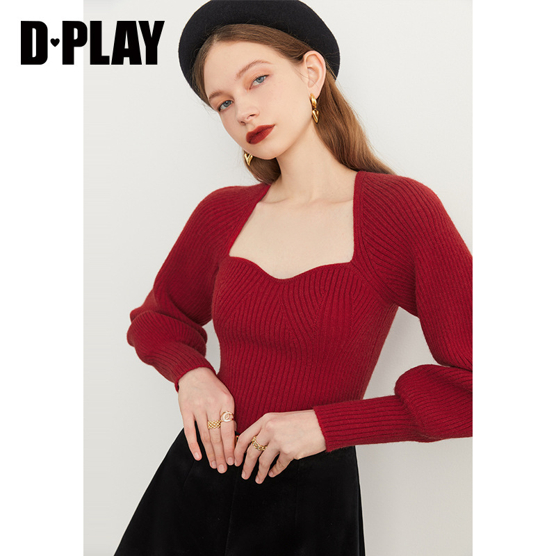 DPLAY2025秋季法式方领毛衣红色针织衫灯笼袖毛衣厚款上衣女|undefined
