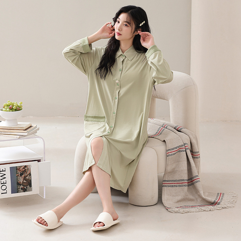 봄 가을 겨울 새로운 시원한 면화 풀 프레임 긴 소매 단색 배달을 기다리고 임산부의 잠옷을 편안한 레저 홈 밖에서 입을 수 있습니다