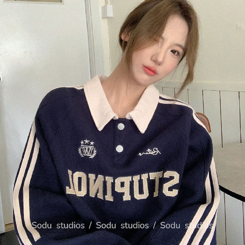 Spring and Autumn New American Style Retro Polo Collar Color Sweat Loose Casual Ins Style Top Spring and Autumn New American Style Retro Polo Collar Color Sweat Loose Casual Ins Style Top