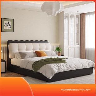 Solid Wood Upholstered Double Bed French Wabi-Sabi Style Internet Celebrity Cloud Bed Master Bedroom Genuine Leather Bed Modern Minimalist Wedding