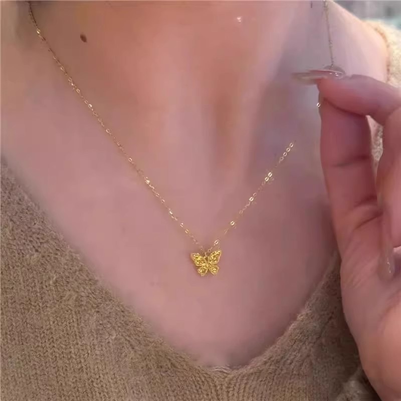金店同款精工 沙金碎冰冰蝴蝶项链女款 轻奢小众高级感锁骨链