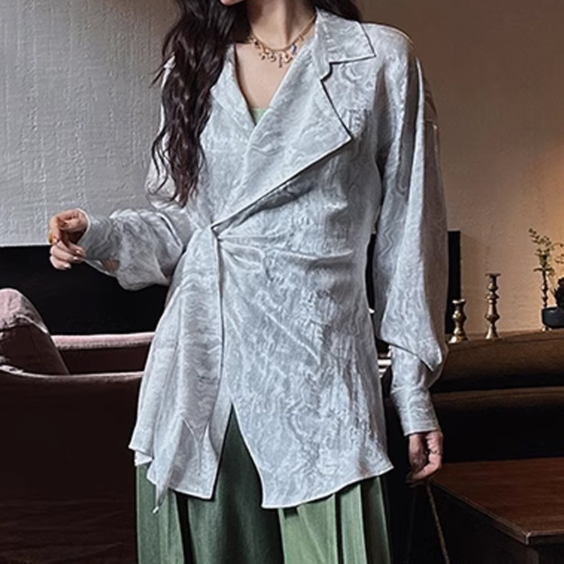 现货【朝颜】女款2025新款天丝麻印花扭结衬衫轻奢减龄洋气|undefined