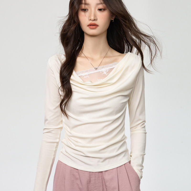 Tencel Lyocell Mock Two-Piece Long-Sleeve T-Shirt for Women with Ruffled Collar and Lace Trim, Slim Fit, Early Autumn Style Top