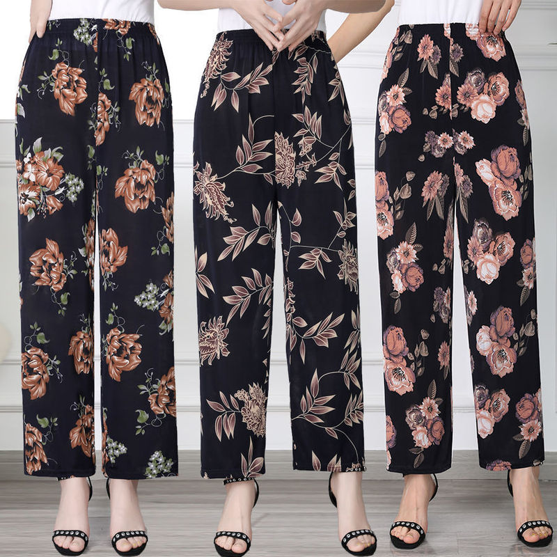 New Middle-aged and Elderly Mother Pants Summer Thin Flower Pants Large Size Loose Women's Pants Ice Silk Nine-point Grandma Pants New Middle-aged and Elderly Mother Pants Summer Thin Flower Pants Large Size Loose Women's Pants Ice Silk Nine-point Grandma Pants
