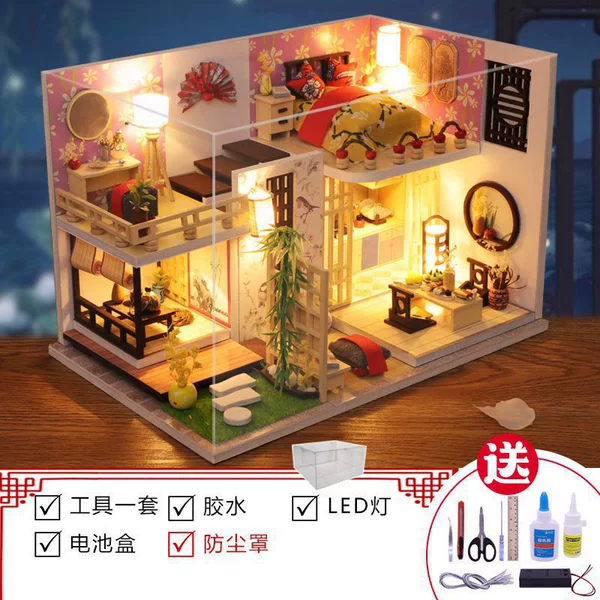 Bamboo maple house+tools+glue+led lights+music+dolls