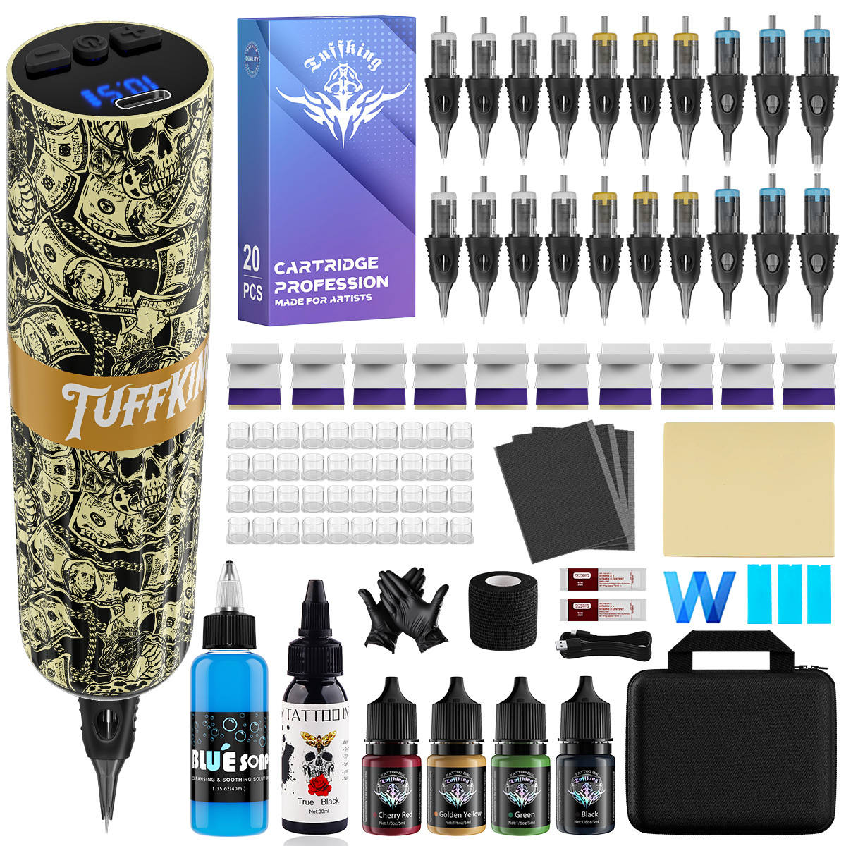Tuffking Deluxe Set de tatuajes con pluma de batería inalámbrica Set completo de cortes de alambre de niebla de aguja