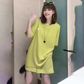 春夏款小清新果绿色休闲运动套装女夏季宽松显瘦短袖短裤两件套潮