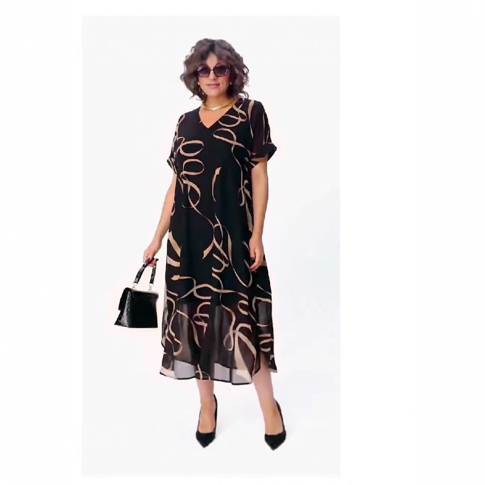 2025 European and American Fashion New Cross-Border Elegant Printed V Neck Dress Plus Size Women's Elegant Commuter Mid-Length Skirt