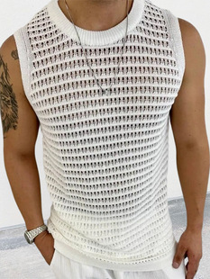 2025 New Men's Sweater Vest Pure Color Slim Sleeveless Cut Out Knitted Vest Cross-Border Amazon European and American Style