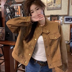 欧美跨境亚马逊鹿皮绒外套女短款小个子加绒上衣春季美式复古夹克