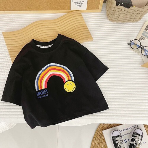 2025 new summer dress baby Western-style all-match top for boys, rainbow strip, quarter pants, two-piece trendy children's suit