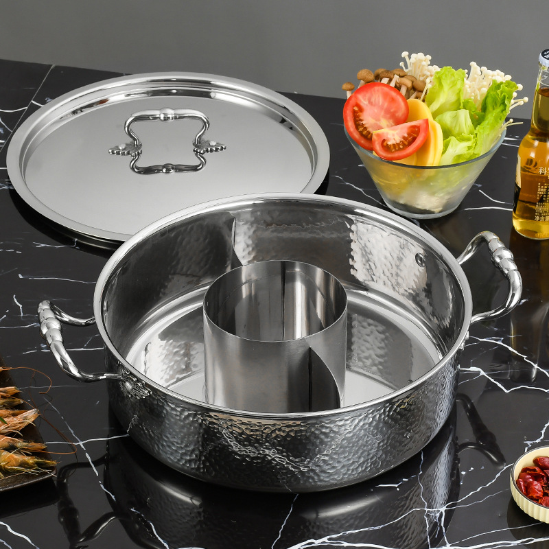 Jinsya 304 hammered pattern clear soup pot three-layer steel twin boiler large capacity with lid hot pot suitable for induction cooker