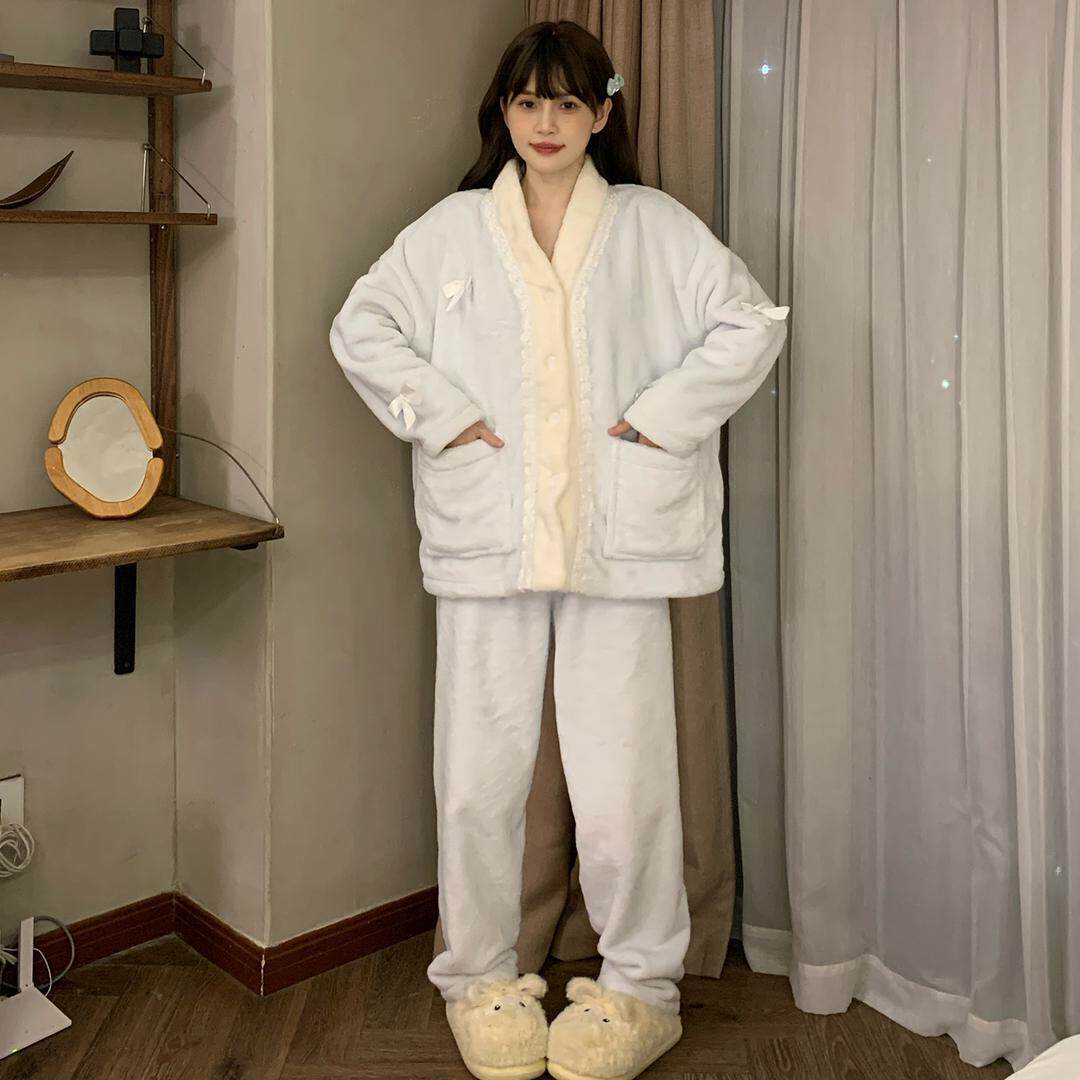 跨境2026年新款珊瑚绒睡衣女秋冬加厚加绒法兰绒套装可外穿保暖家