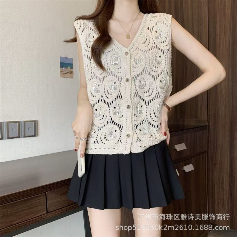 Top femenino primavera, chaleco con lentejuelas y cadenas huecas, cuello en V, estilo dulce y picante, diseño suelto