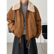 那末复古美拉德羊羔毛领夹棉外套女翻领休闲百搭麂皮绒棉衣H2850