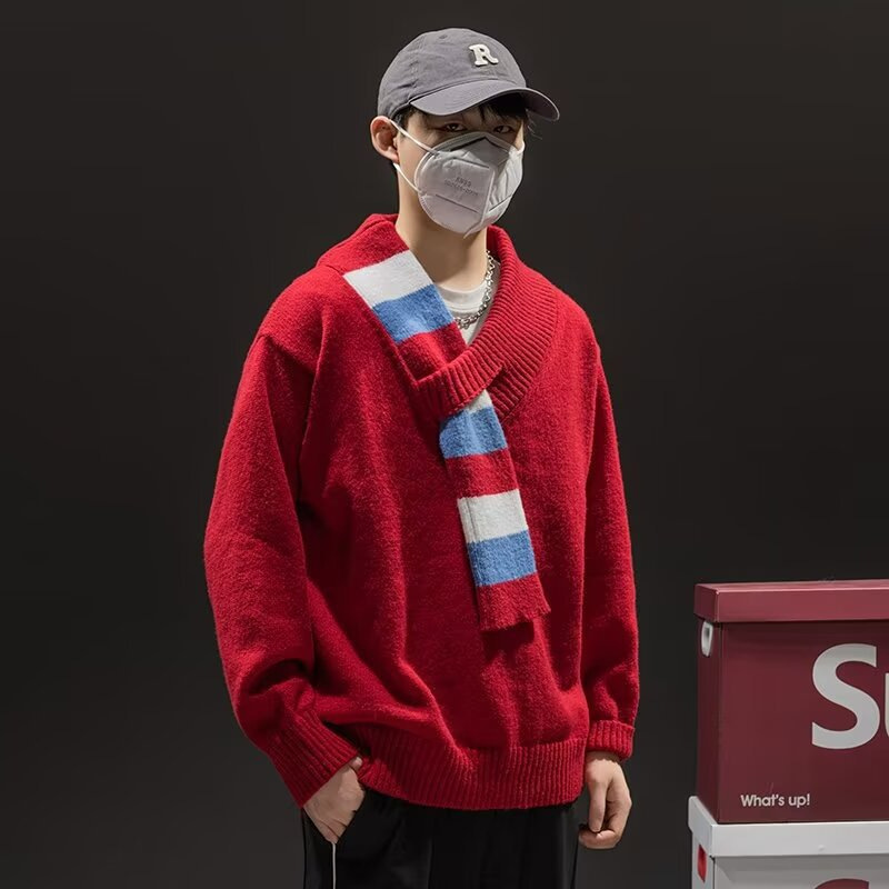 2026 New Niche Design Scarf Collar Sweater for Men, Loose V-Neck Knit Pullover, Red Top for Couples