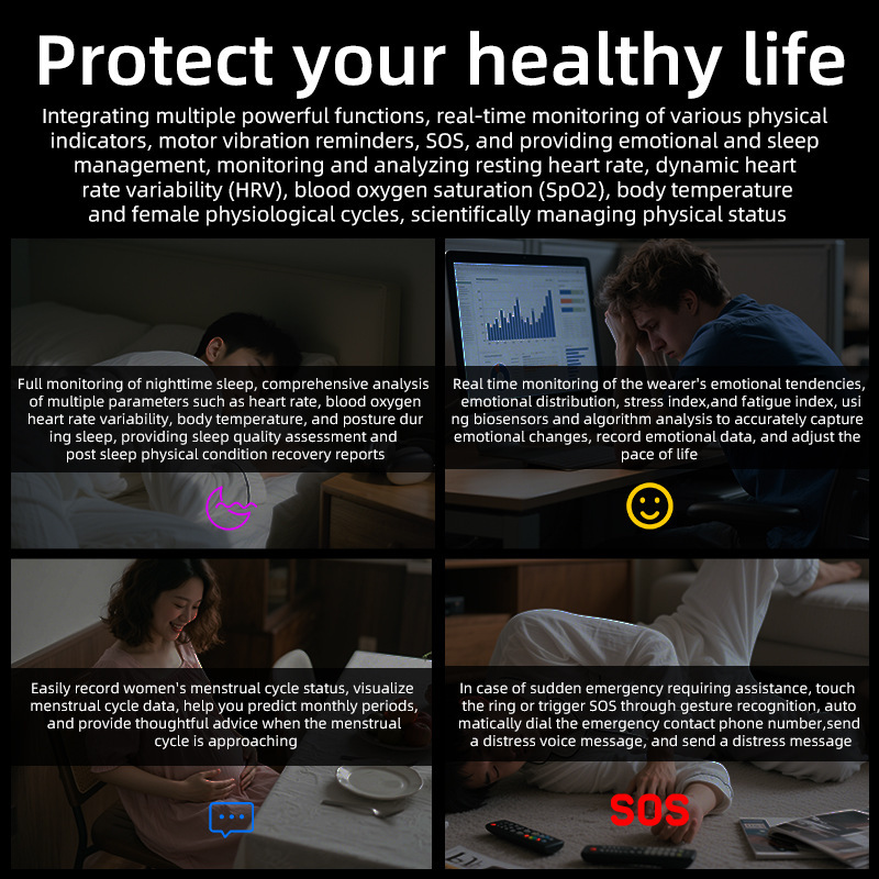 Smart ring blood oxygen heart rate SOS mood management HRV|undefined