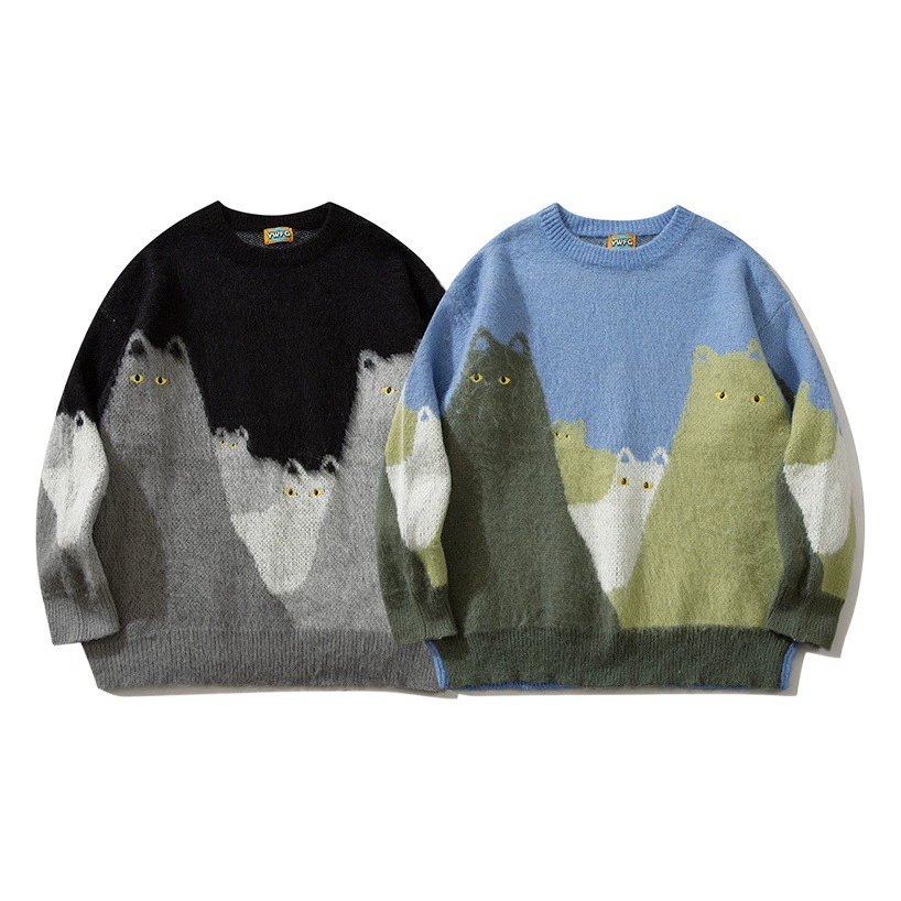 Свитер с жаккардовым узором в китайском стиле с изображением кошки для мужчин и женщин, новая осенне-зимняя модель, повседневный пуловер с круглым вырезом в стиле «ленивый шик»