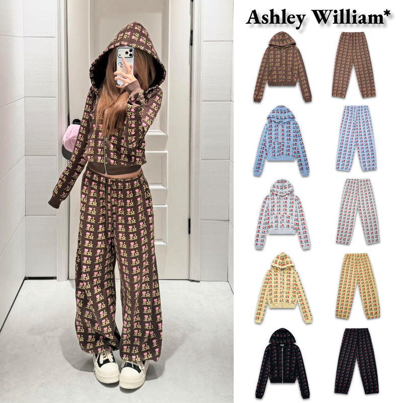 [In Stock] Ashley William* Letter and Heart Print Hooded Sweatshirt Jacket and Pants Set for Women, Autumn