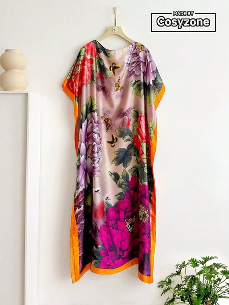 Source Manufacturer Wholesale In-Stock European and American Plus-Size Faux Silk Printed Long Dress Beachwear Dress Silk K Stylish