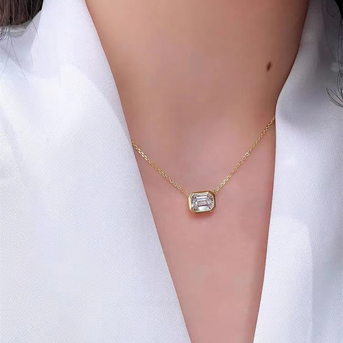 Japanese and Korean light luxury S925 sterling silver plated 14K gold necklace for women rectangular zircon pagoda simple single diamond clavicle chain