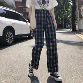 坠感格子阔腿裤女夏季夏显瘦百搭韩版高腰垂感宽松直筒拖地休闲裤