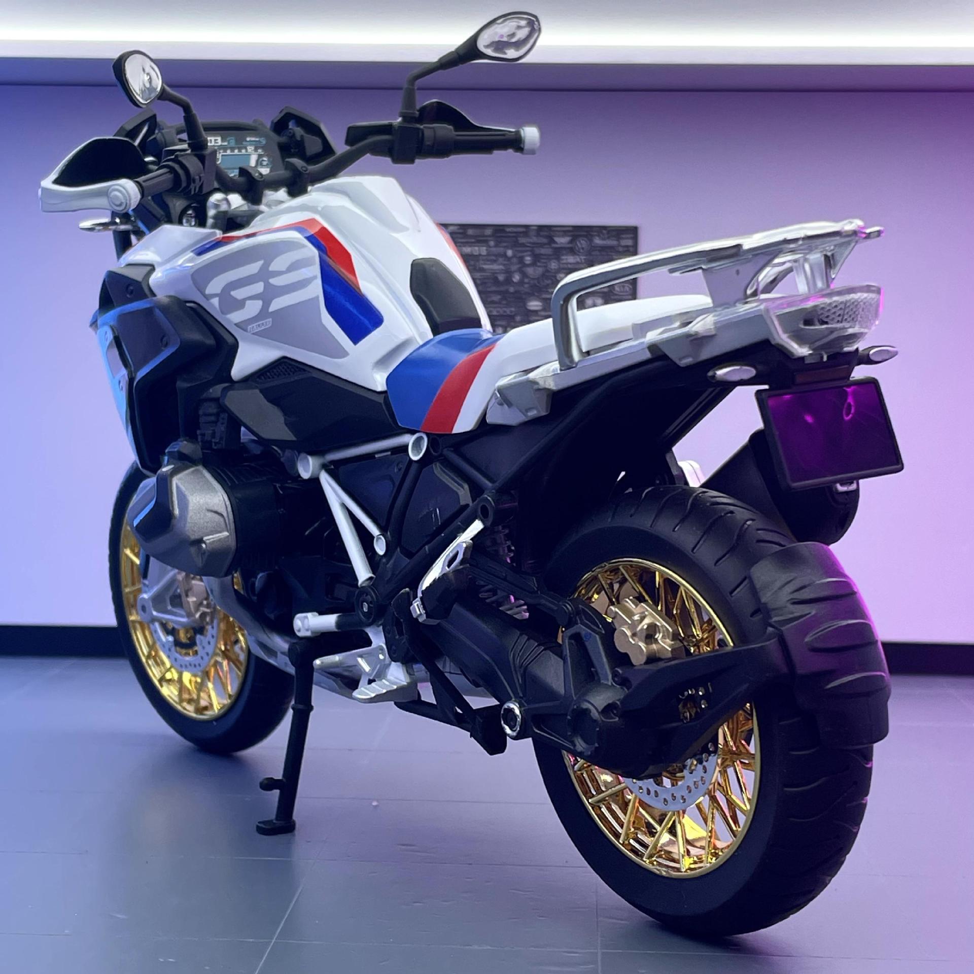 Modelo de coche de aleación Huayi 1:9 ave acuática R1250GS modelo de motocicleta de juguete doblado modelo de coche de motocicleta decoración de iluminación figura