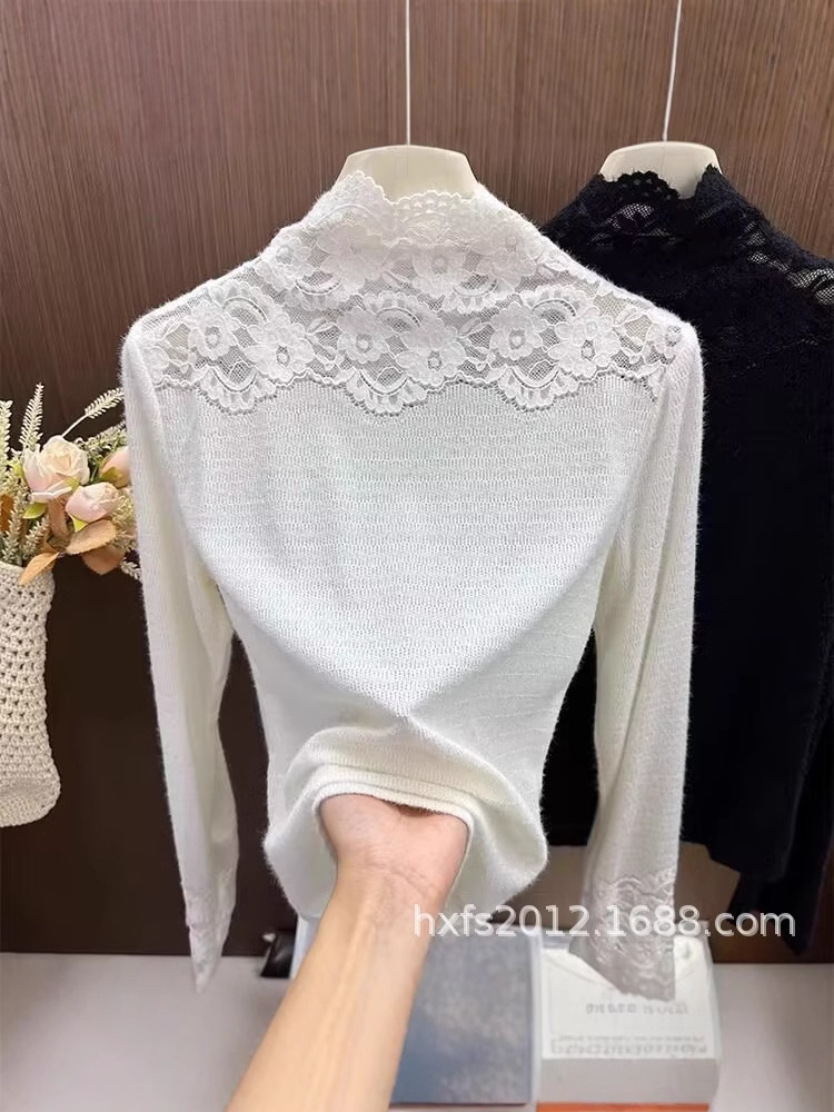 韓国系の高襟レースのフックの花の底のシャツの女性の秋冬の高級感は純色の中で名媛の風のネットの紗の上着のファッションを配合します。