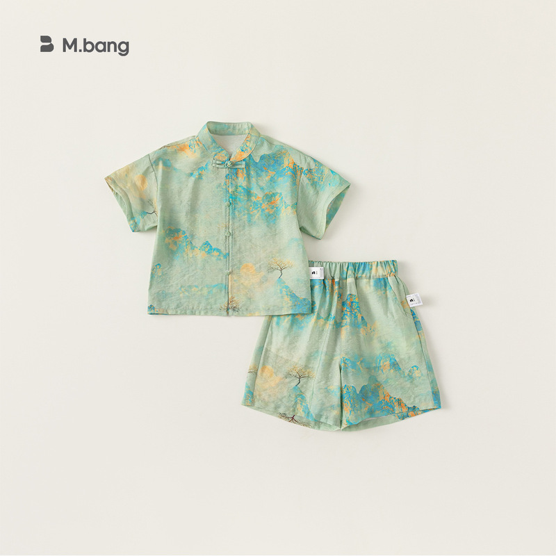 Youbao Children's Clothing Hanfu Set Chinese Style Print 2026 Summer Outfit Boys' Tang Suit with Buttoned Shorts Two-Piece Set